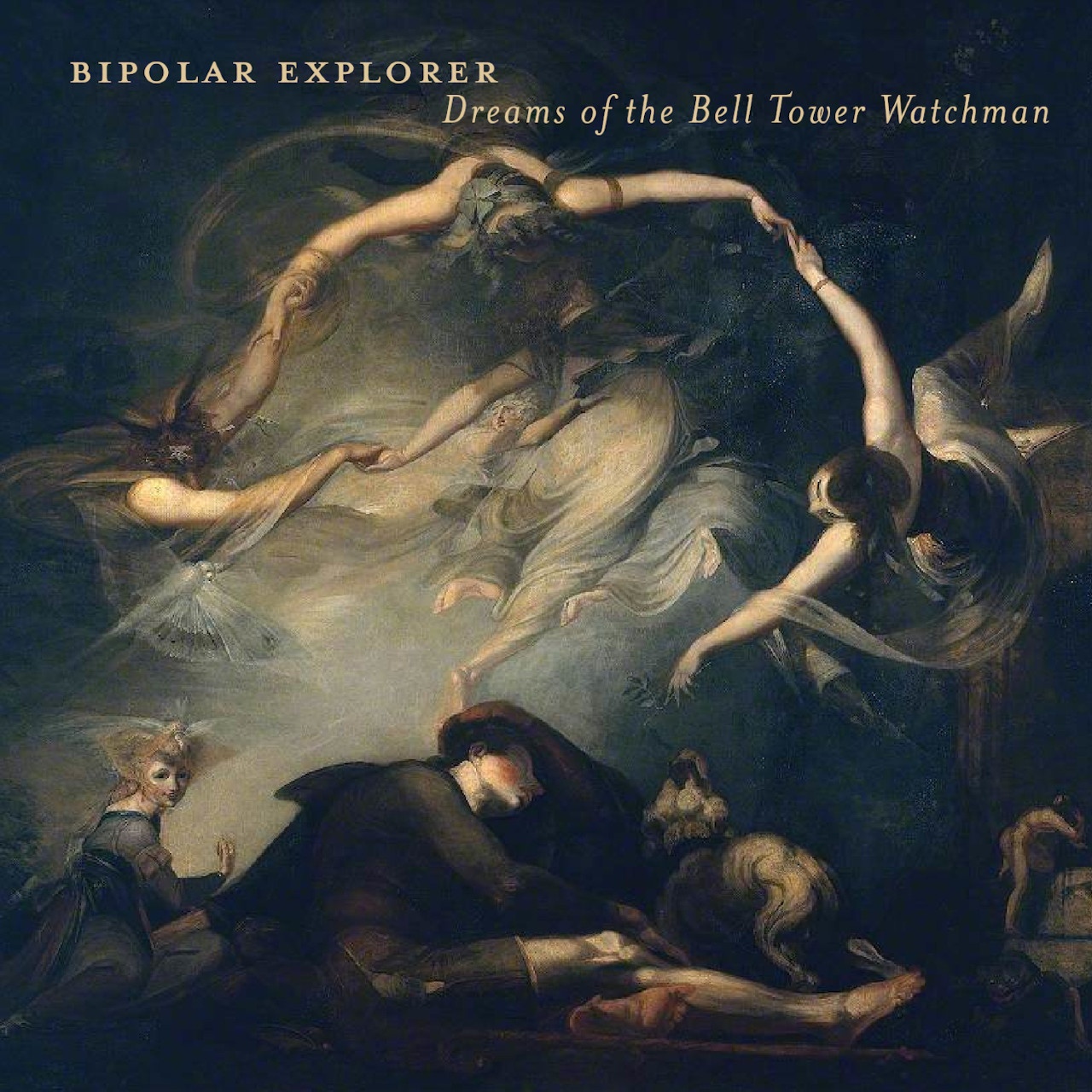 “The Shepherd's Dream, from 'Paradise Lost'"- Henry Feseli (1793, Public Domain). In a dark-lit room, still wearing his day clothes, a man has fallen asleep. A woman is seen smirking in the background. A group of 4 angel-like women are dancing in a circle