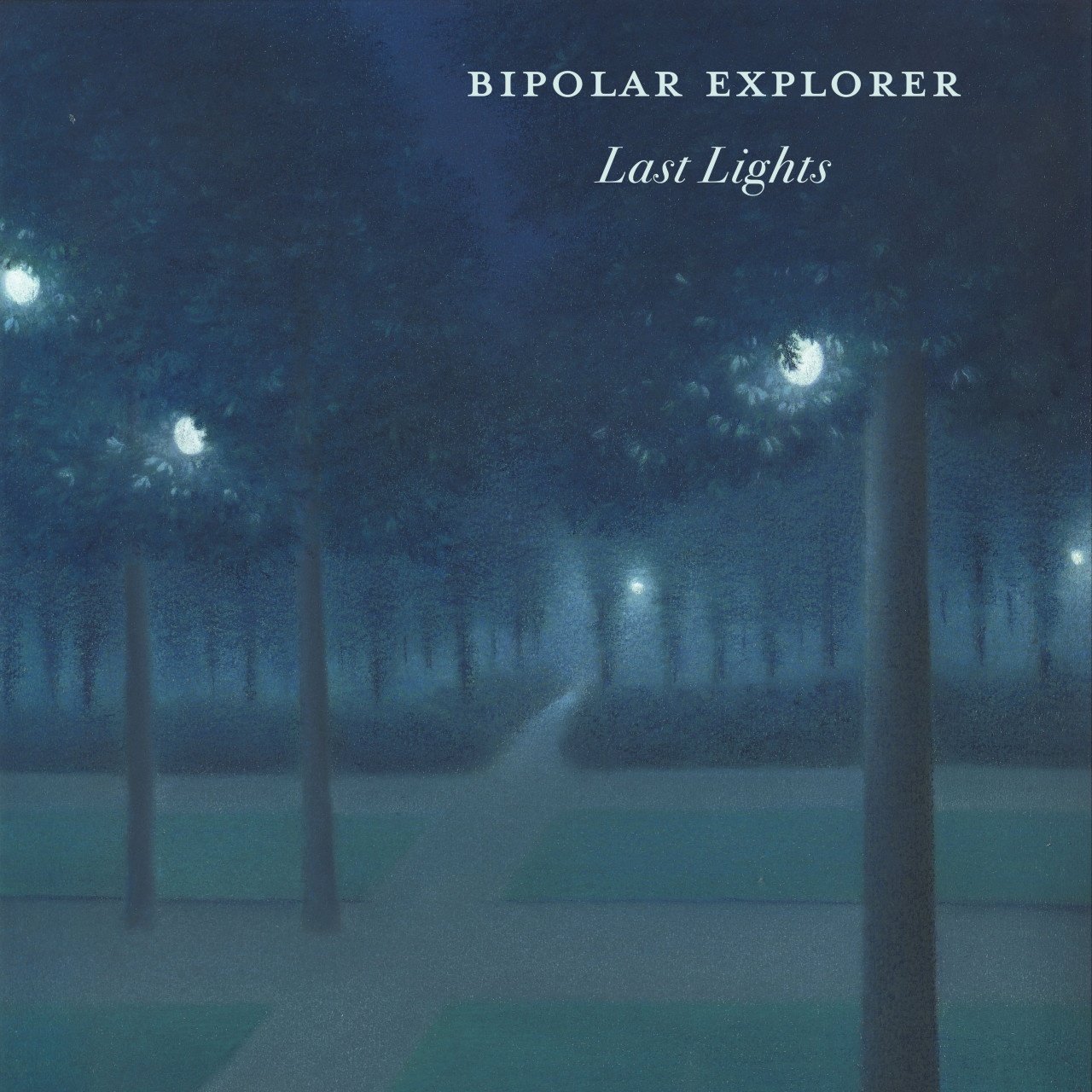 Painting of a parc, night is falling, streelights can be seen through the tree foliage