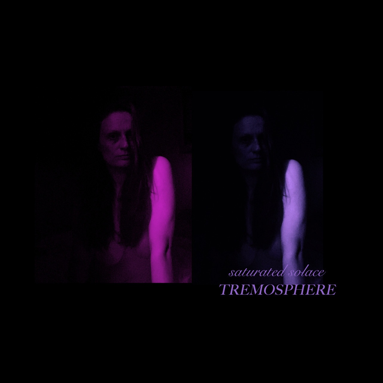 On a black background, we see the picture of a woman, twice. She's a cis white woman, in the dark, naked, her long brunette straight hair falling on her breasts. No make up. The first iteration of the picture has a pink filter, the second a dark lavender
