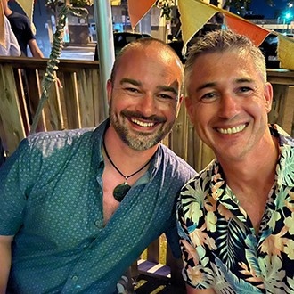 Anthony and friend in the beer garden