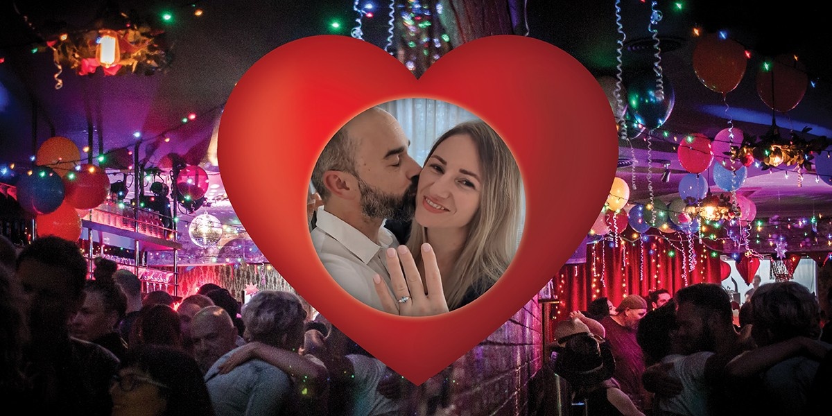 Bridget and Anthony in a love bubble on a photograph of a party night at Littlefoot