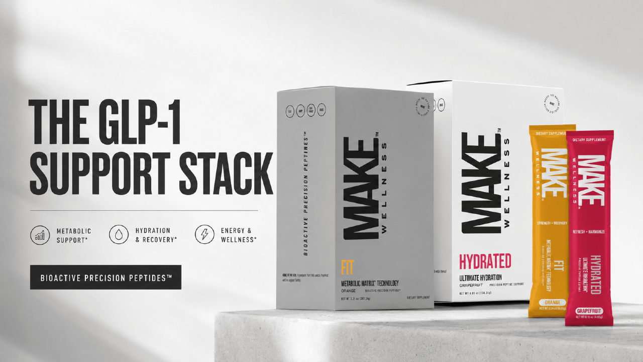 GLP-1 Support Stack product image featuring HYDRATED for hydration and electrolyte support