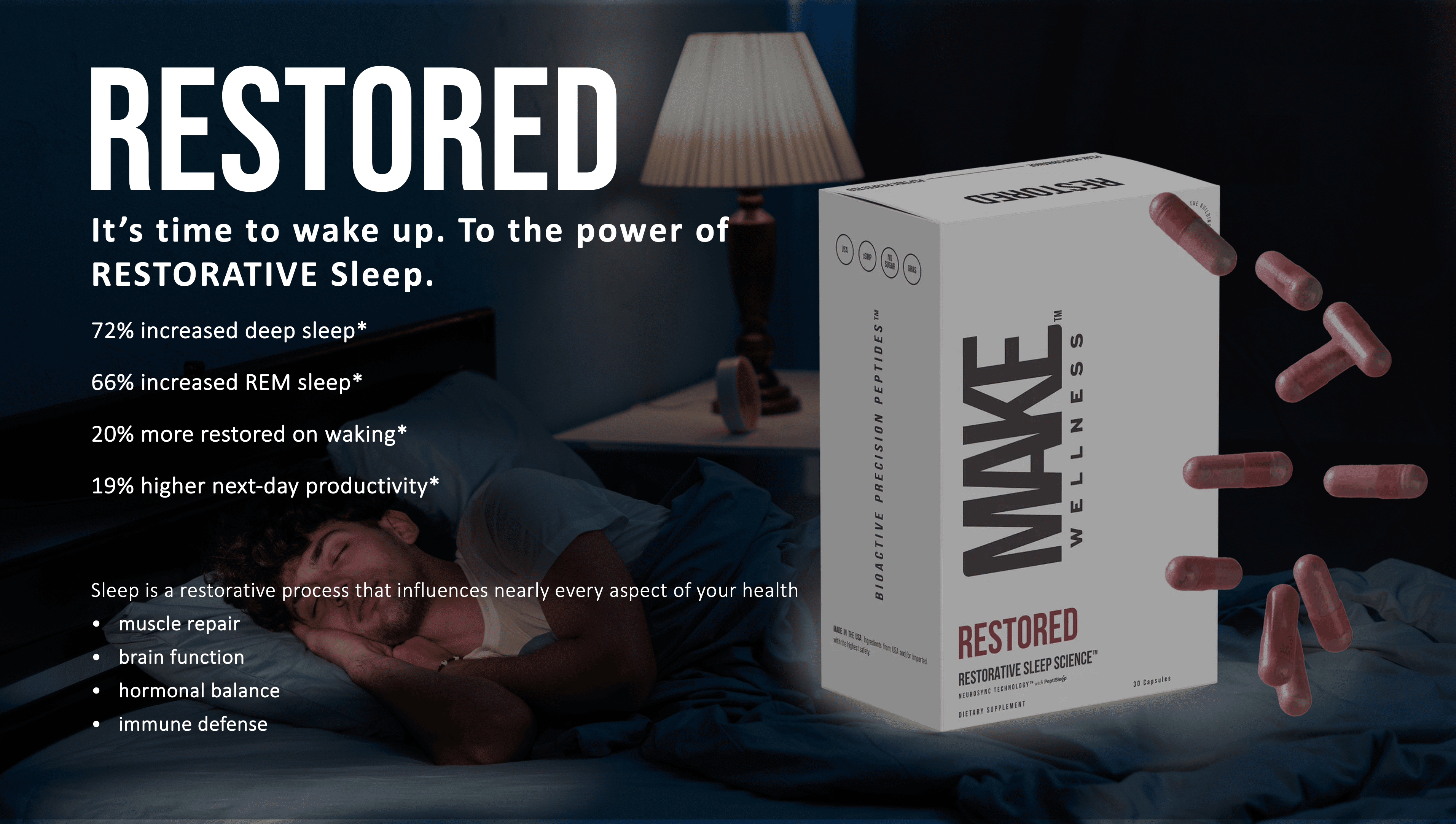 MAKE Wellness RESTORED product image for sleep and overnight recovery support