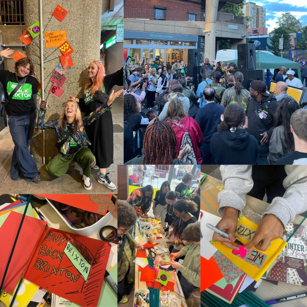 Photo collage, showing people making flags around our activity table, as well as the crowd gathered on Brixton station road, and a photo of Fran and Morgane with lots of flags. BuyBackBrixton 16/09/26