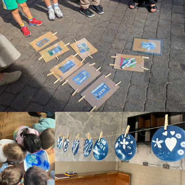 Collage of photographs taken during our cyanotype workshops. Clockwise; prints laying in the sun, children around a print, and prints hanging in the pop-up studio after the session.