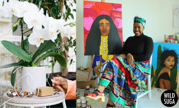 Photo collage: View of an orchid with wires connected to it, and portrait of Sarina Mantle with a couple of her paintings.