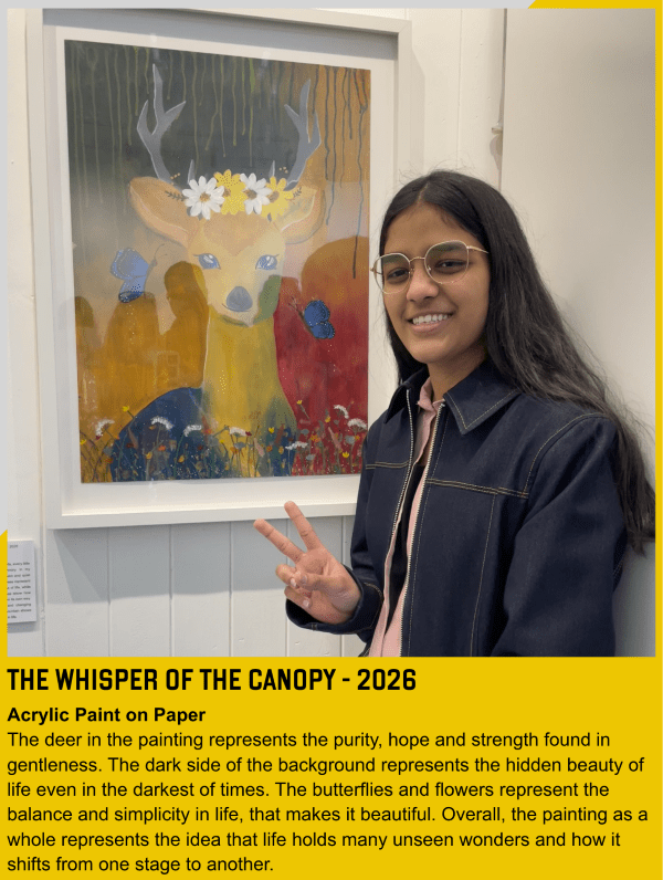 Vartika posing in front of her painting, Where Mountain Holds The Season - 2026. Acrylic Paint on Paper.