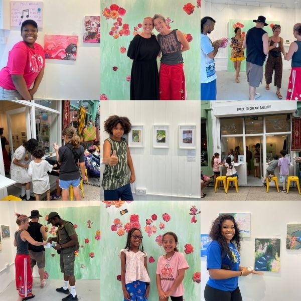 Collage of 9 photographs taken on opening day of the CHANGE exhibition. Some feature the young artists whose work is on display.