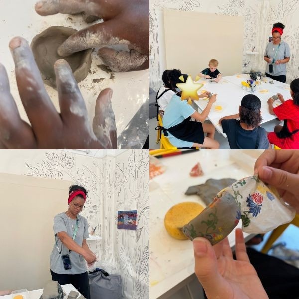Collage of photographs taken during our first artist workshop. The photos feature Claudette Forbes, a ceramist leading the workshop, some of the children present and close-ups of some of their work's details.
