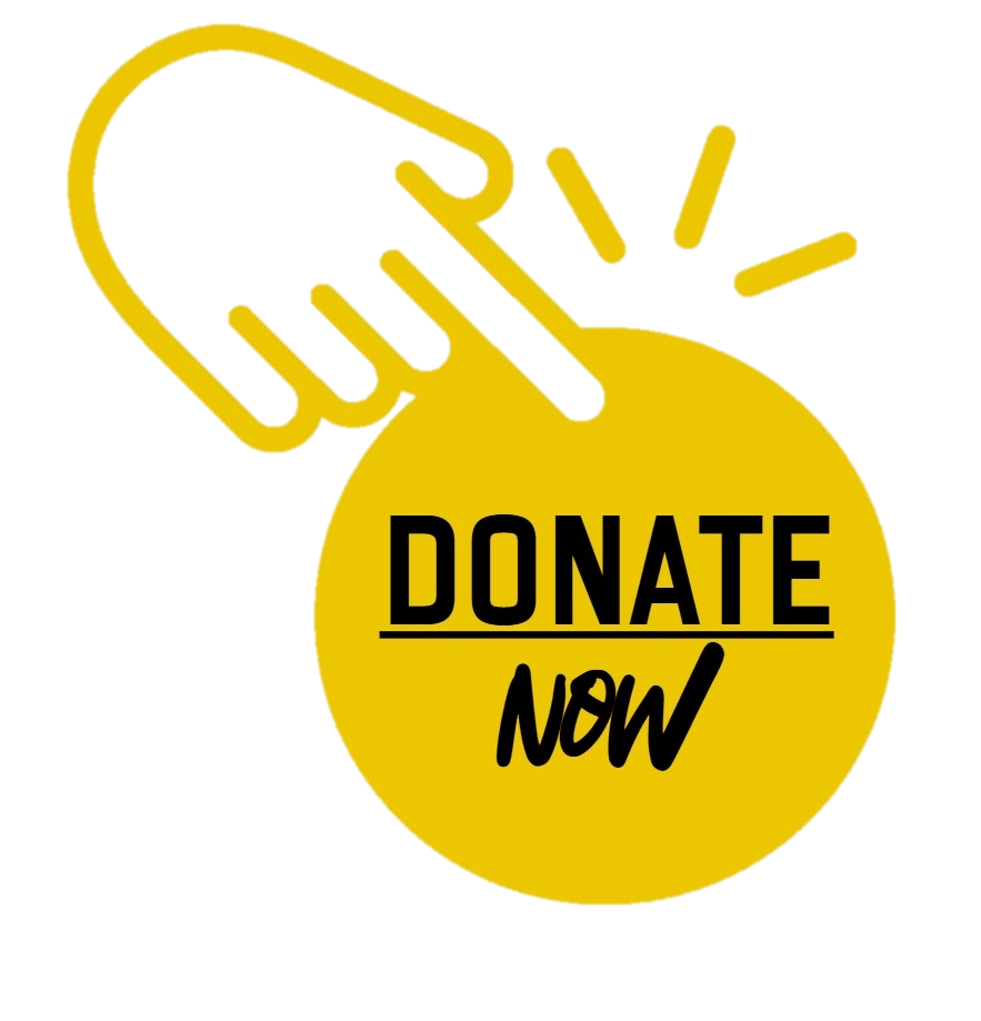 Graphic design of a button, showing a hand pressing a yellow button that reads 'Donate Now'. The button is linked to our Paypal donation page.