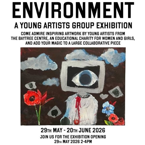 Photograph taken at the Space to Dream gallery on the opening of the new exhibition; LIFE. The gallery is busy, but we can make out three paintings hanging on one wall, as well as part of a giant loom fixed to the adjacent wall.