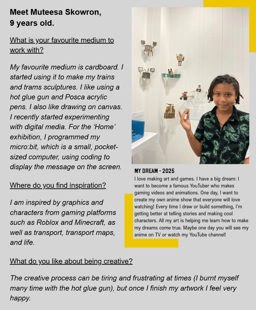 Artist Profile - Short article about Muteesa Skowron, one of our featured young artists who uses cardboard to make 3D installations. The included photograph features the artist next to MY DREAM, a 3D installation, featuring characters made of cardboard.