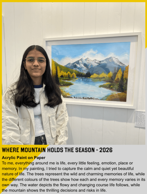 Vartika posing in front of her painting, Where Mountain Holds The Season - 2026. Acrylic Paint on Paper.Image description
