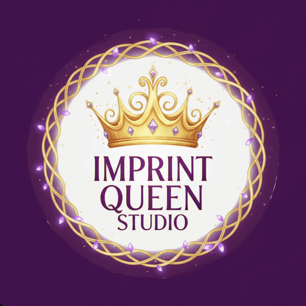 Imprint Queen Studio logo featuring a gold crown, purple gemstones, and ornate circular border on a purple background.
