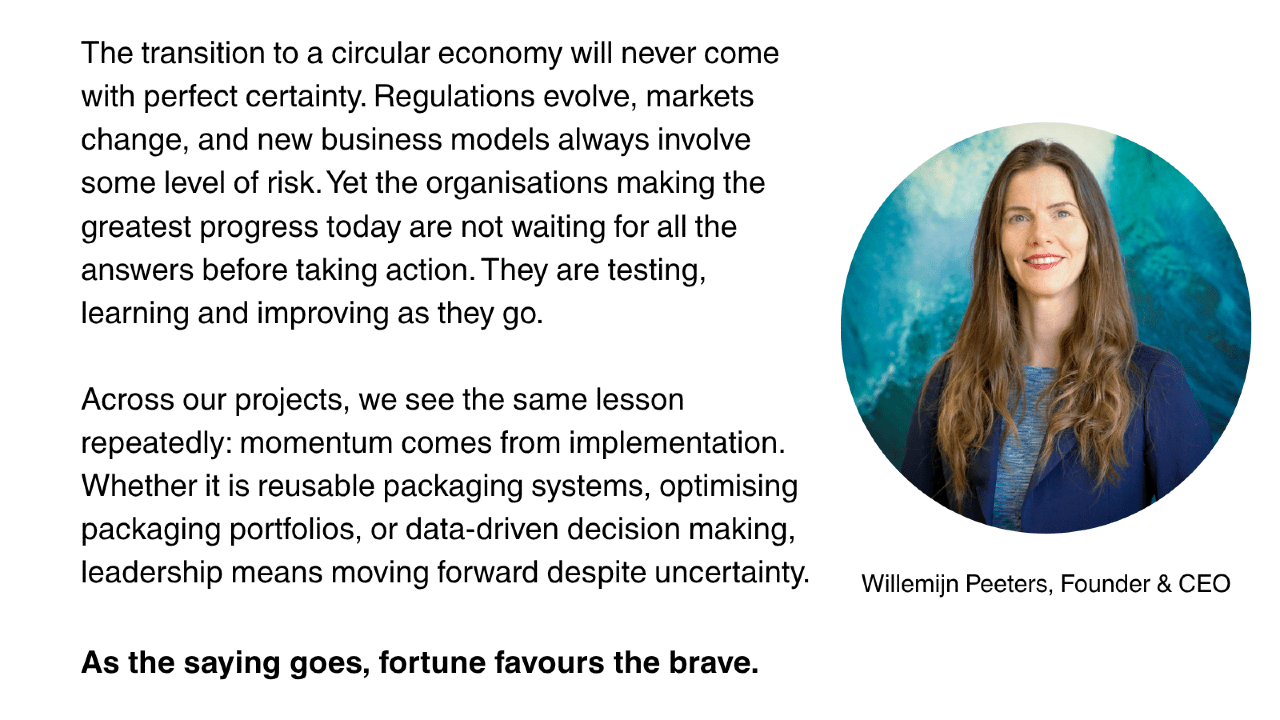 A woman with long brown hair is smiling and wearing a suit. The background is an ocean spray. She is Willemijn Peeters, Founder & CEO of Searious Business