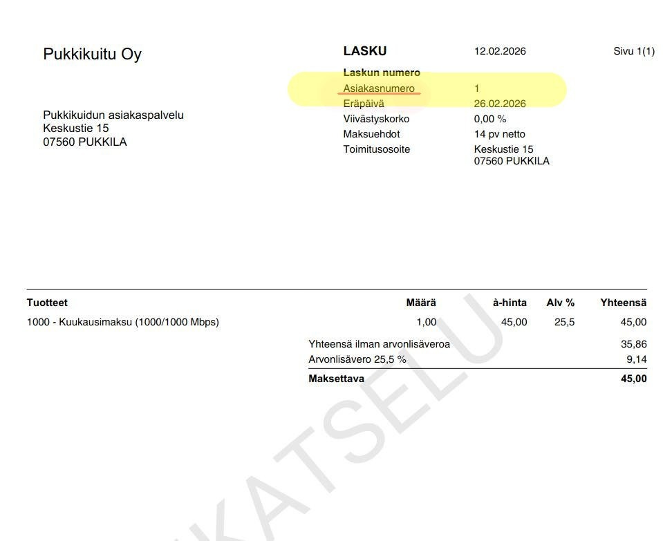 Pukkikuidun esimerkkilasku asiakasnumerolla
