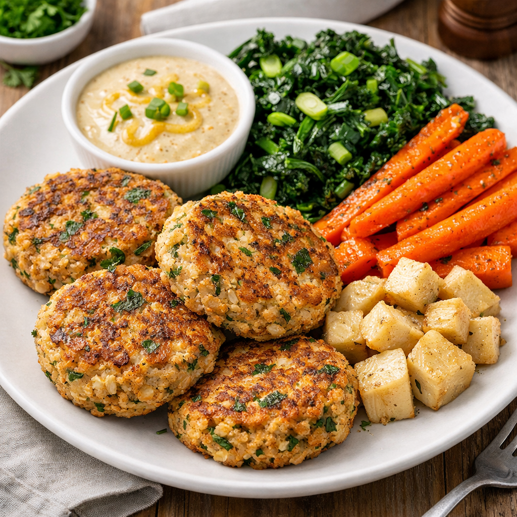 Salmon Patties with Kale, Carrots & Hannah Yams