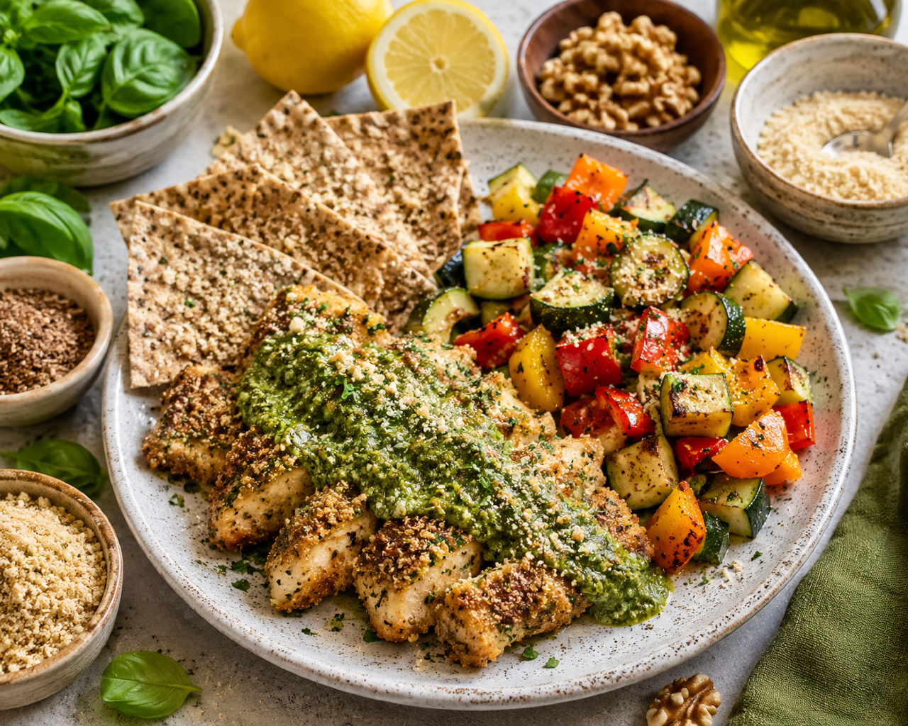 Pesto Crusted Chicken & Roasted Veggies