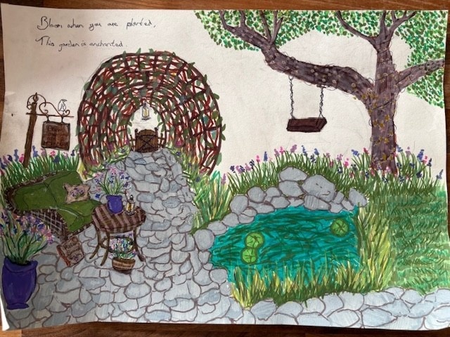 Bella Abdo’s second-prize garden design, with a stone path, pond, tree swing and leafy archway.