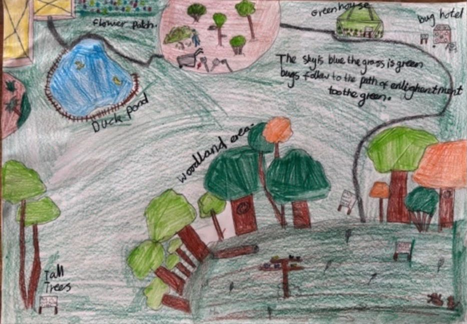 Pippa Asker’s third-prize garden design, with a duck pond, woodland area, greenhouse and bug hotel.