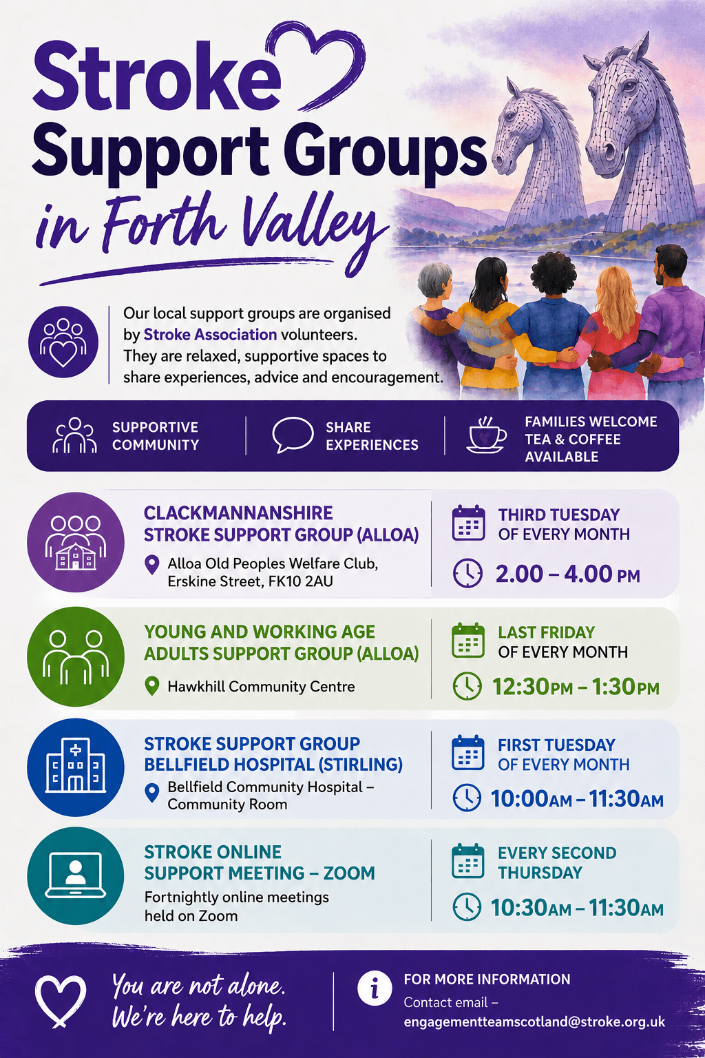 Poster contains details of stroke support groups in Forth Valley. COntacnt engagementteamscotland@stroke.org.uk for more details.