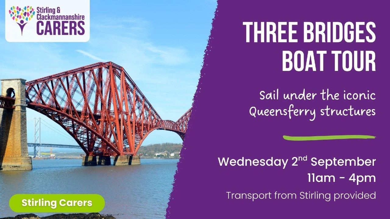A red steel bridge crosses over water beneath a blue sky, with text promoting a boat tour on 2 September from 11am to 4pm.