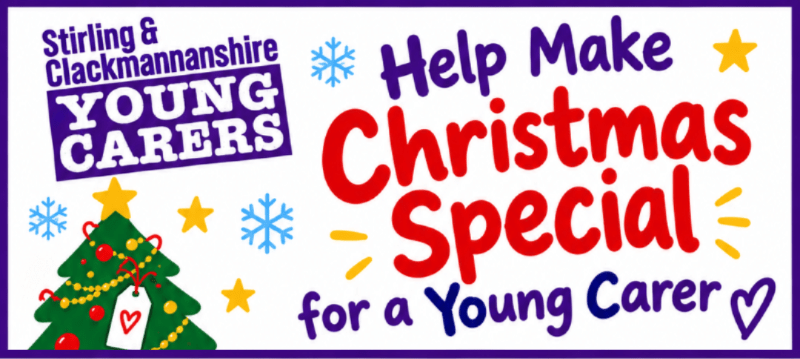 Stirling & Clackmannanshire Young Carers logo. 'Help make christmas special for a young carer' graphic with snowflakes and christmas tree.