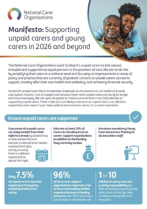 Front page of the Nation Carer Organisations Carers' Manifesto: Supporting unpaid carers and young carers in 2026 and beyond.