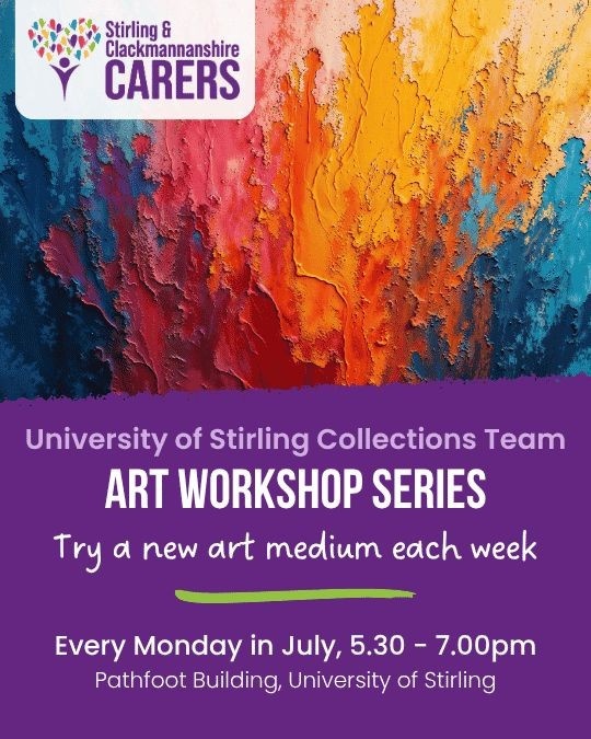 Colourful abstract painting at the top; text below advertises Stirling art workshops in July, Mondays 5:30–7pm.
