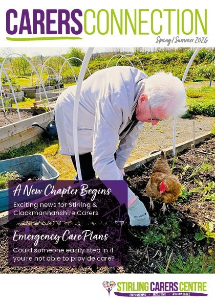 Front cover of the Carers Connection magazine featuring a photo pf an older gentleman weeding a flower bed with a chicken standing in it.