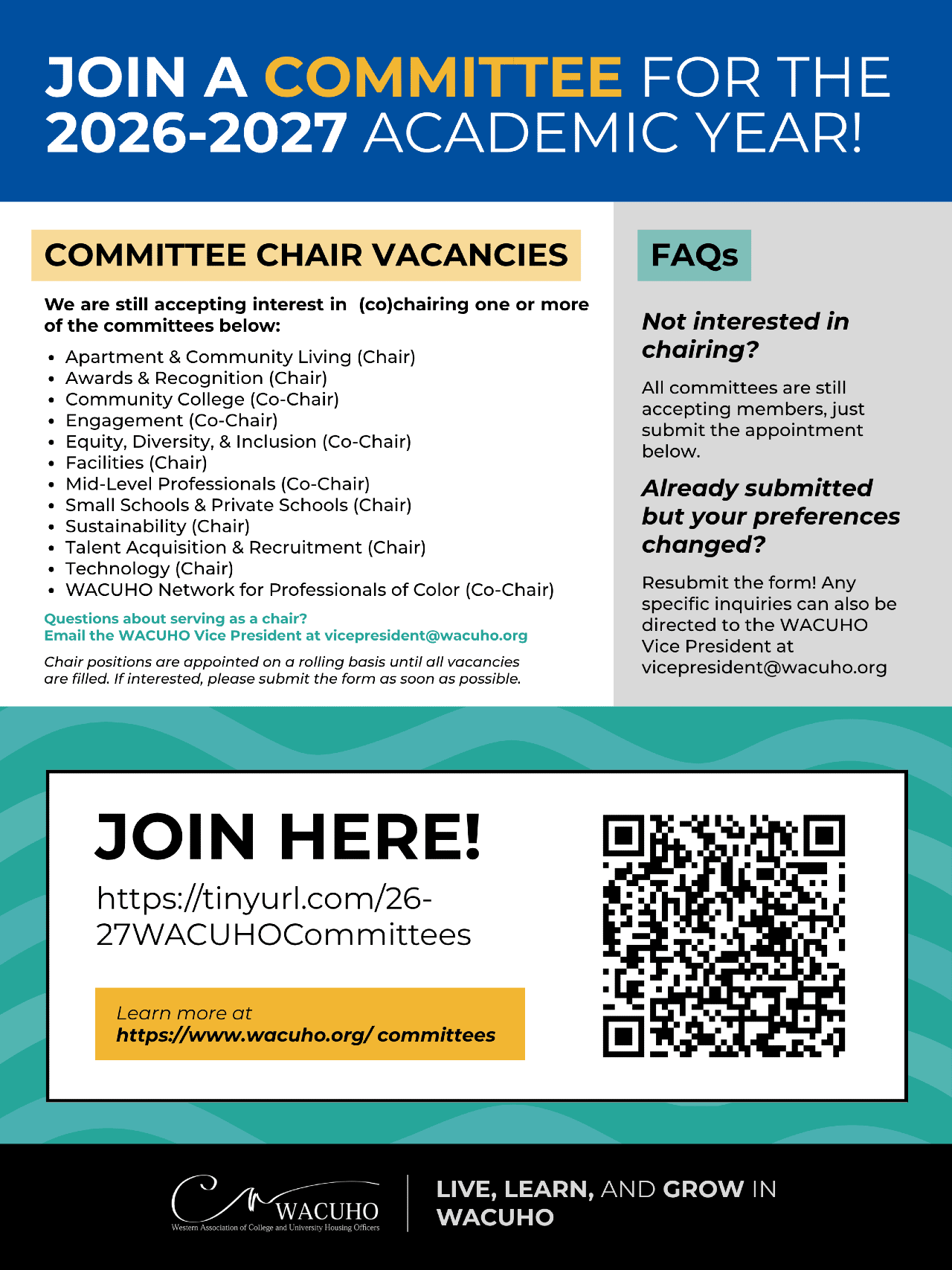 Flyer soliciting committee membership for the 2026-2027 academic year. Content can be referred to below.