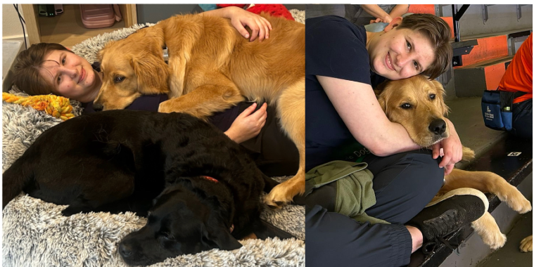 Research Assistant Kimia P smiling while sitting with two dogs