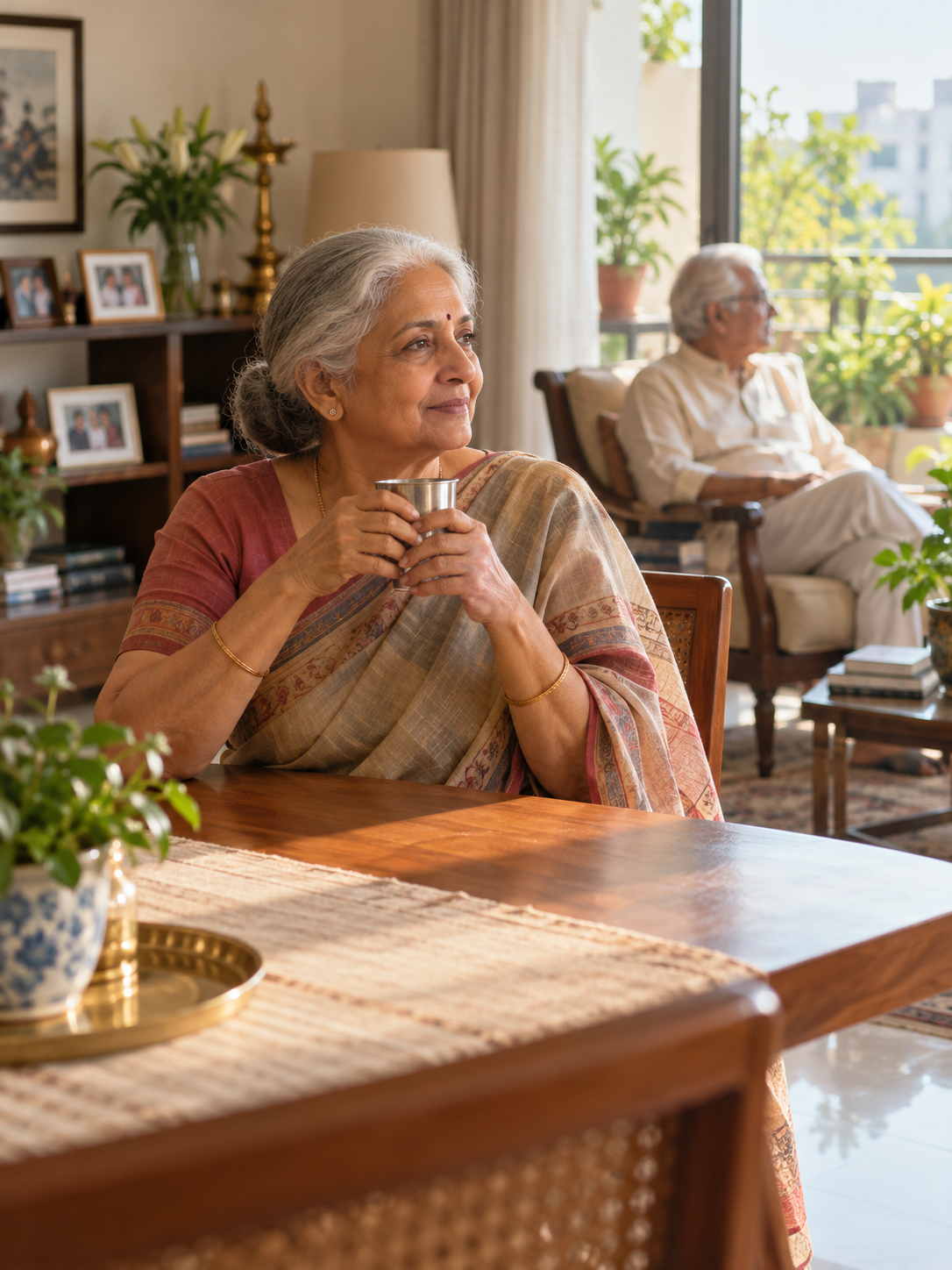 An elderly Bangalore woman sitting quietly with a cup of tea at home while her husband reads in the background