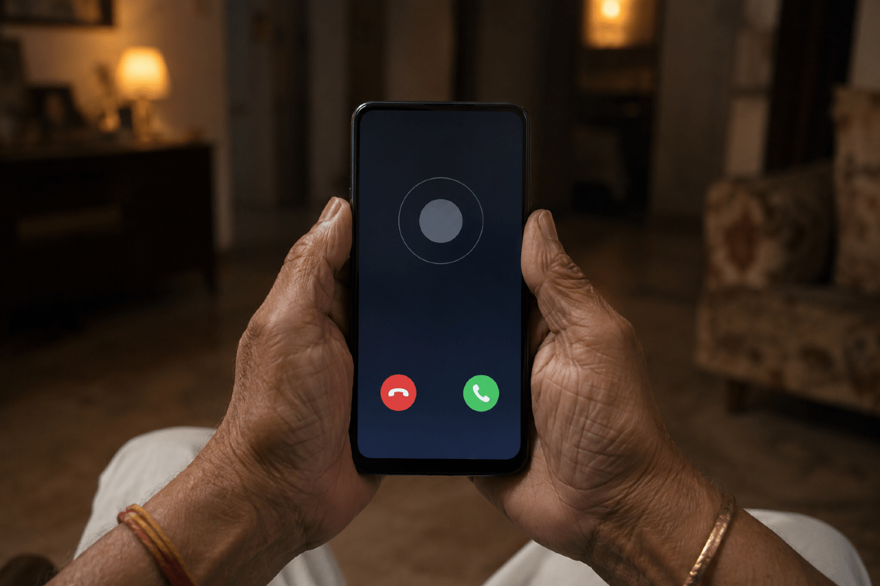 An elderly person's tense hands holding a smartphone with an incoming call, alone in a dim Bangalore living room