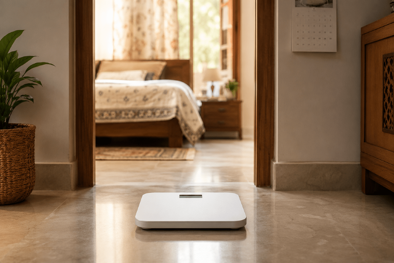 A simple digital bathroom weighing scale by a bedroom door, with a wall calendar nearby