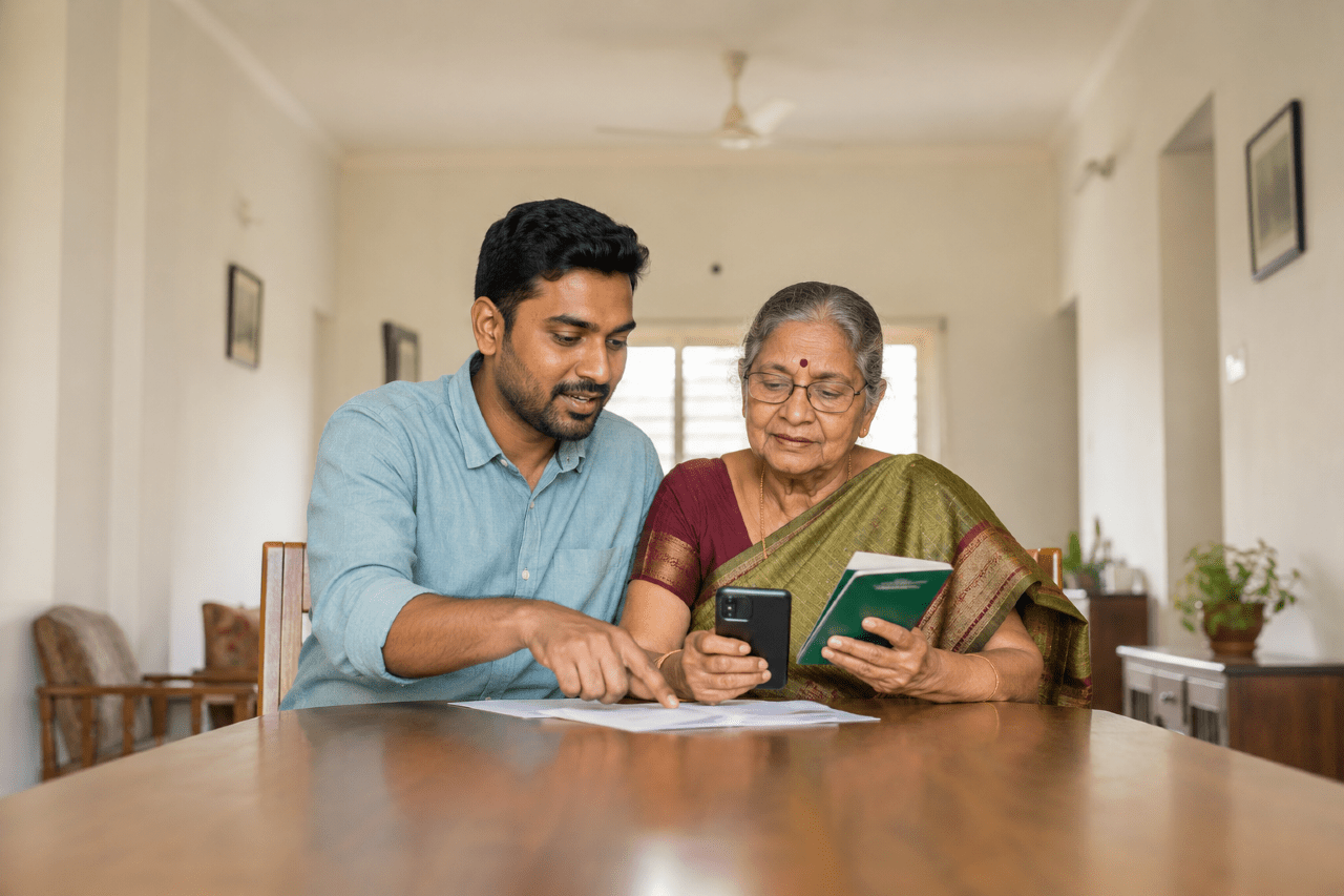 A trusted helper sits beside an elderly parent, assisting with bank forms and a phone