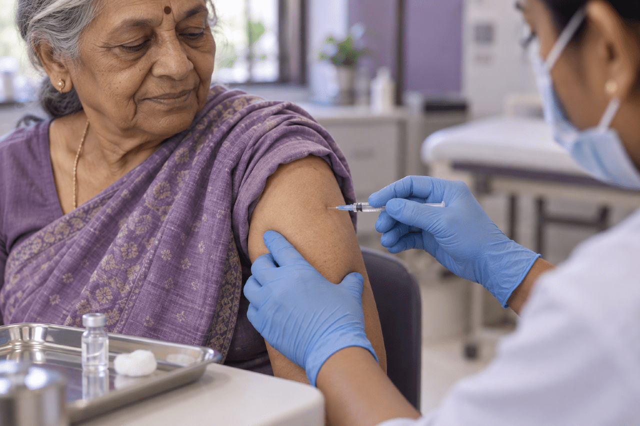 A doctor's gloved hand giving an elderly parent a vaccination in the upper arm at a clinic
