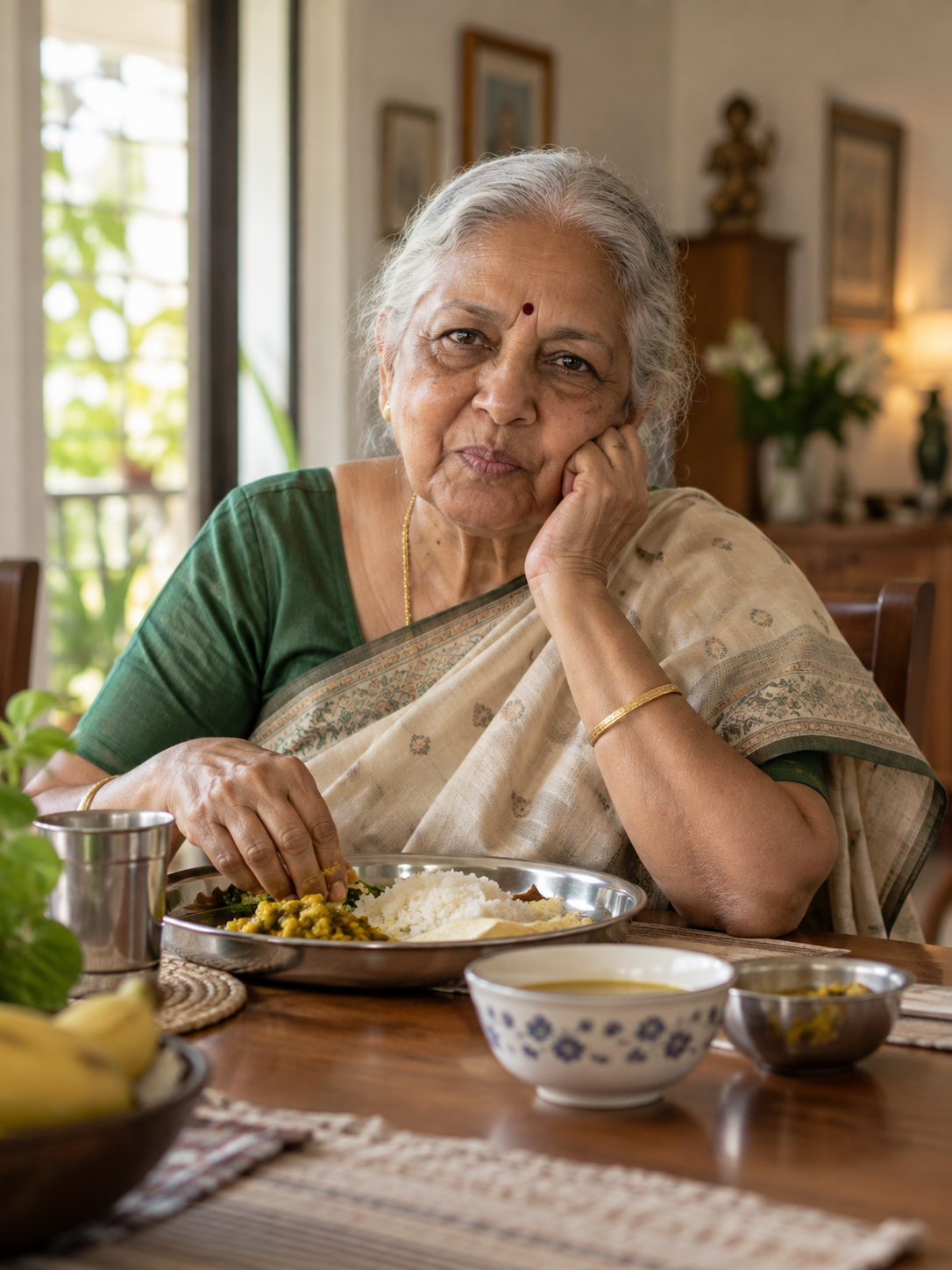 An elderly Bangalore parent at the dinner table, quietly eating soft food on one side of the mouth, a problem a distant video call would never reveal