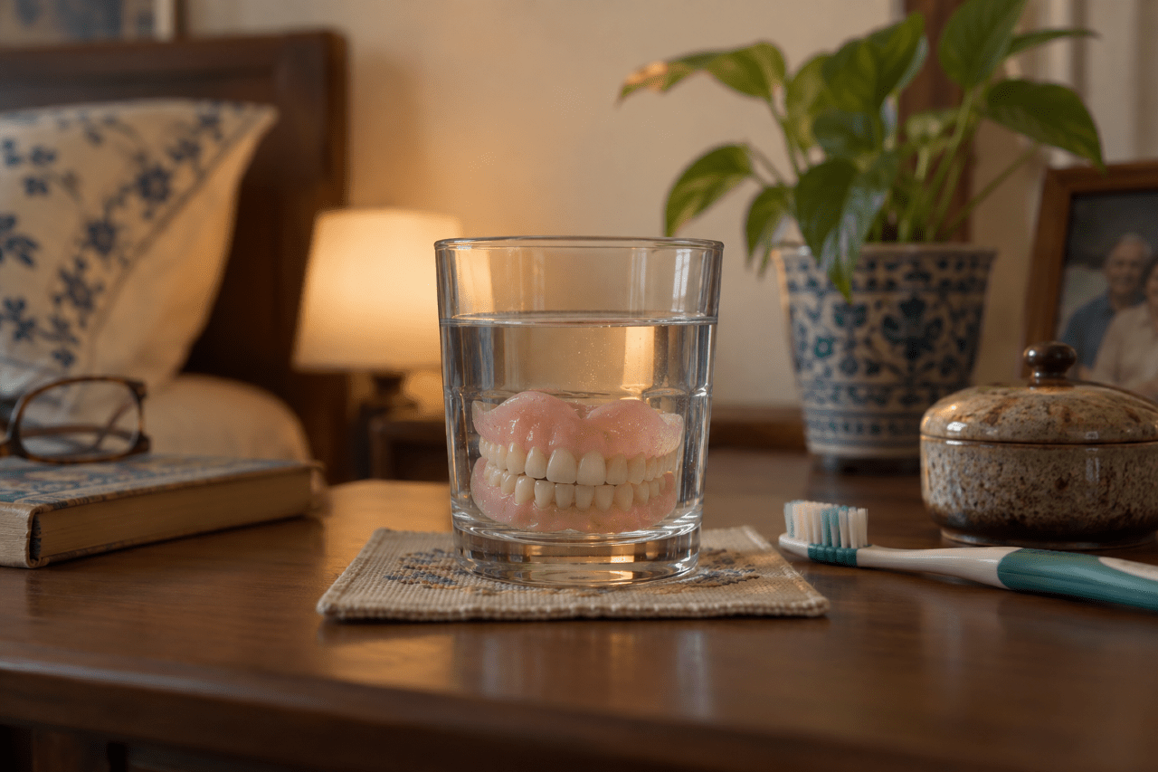 A denture left resting in a glass by the bedside, and soft food on a plate, in an elderly parent's Bangalore home