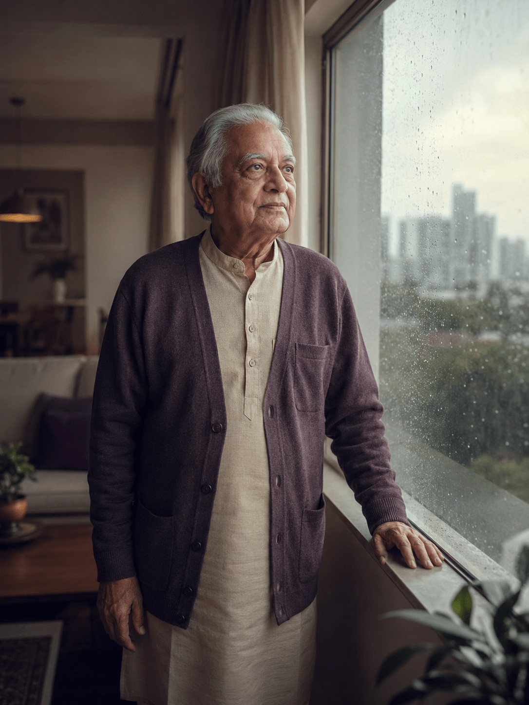 A dignified elderly Bangalore parent standing carefully by a window as the monsoon rain clears, one hand steadying on the sill