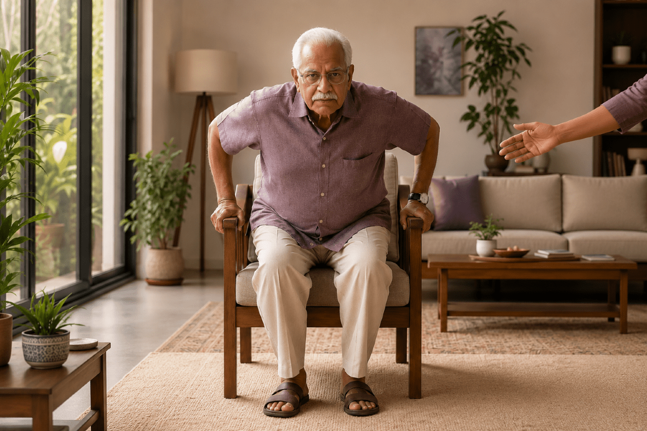 An elderly parent doing a supported sit-to-stand from a firm chair, a helping hand nearby