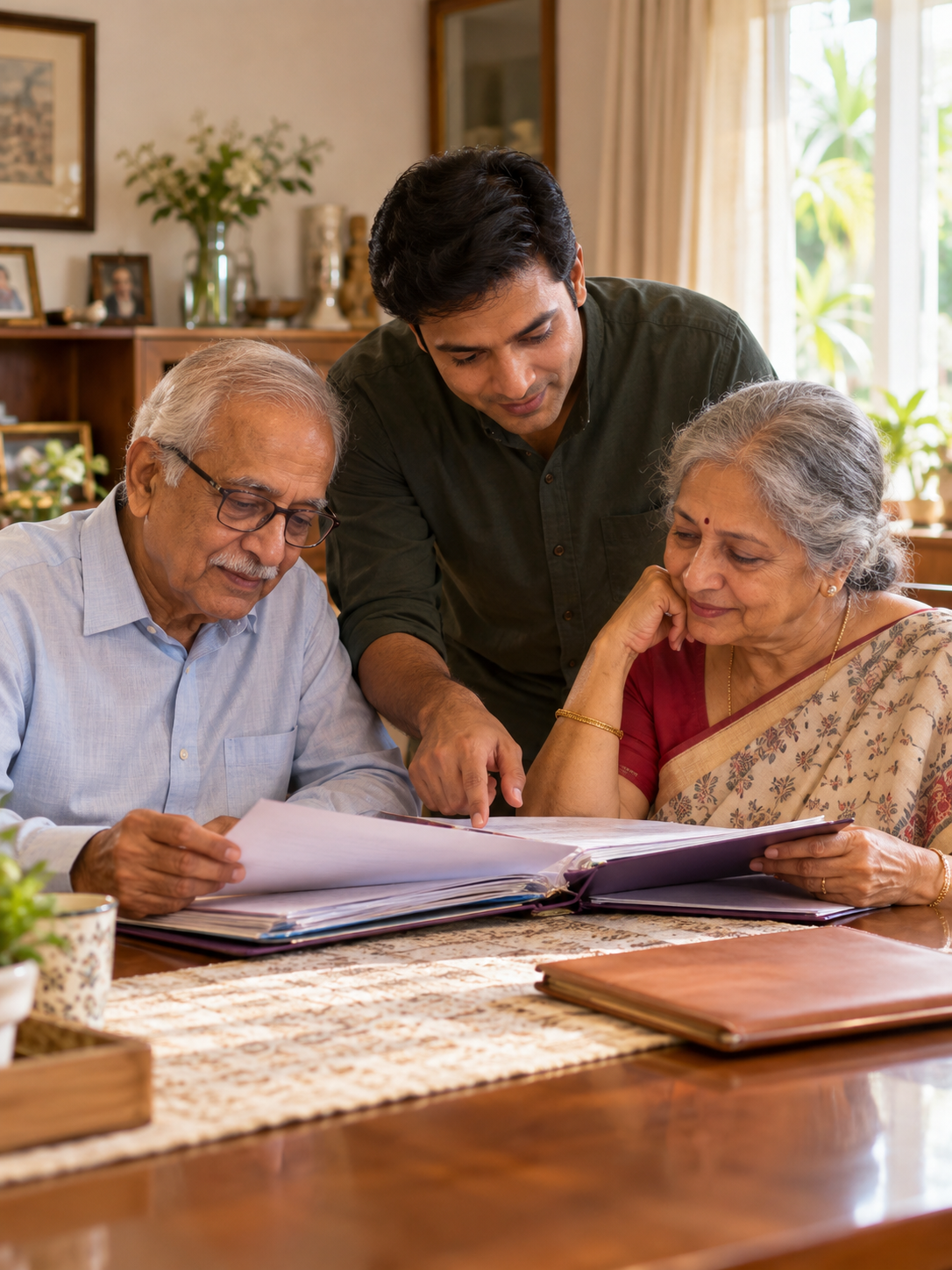 An elderly Bangalore couple at home with their adult child, looking through a folder of family documents together