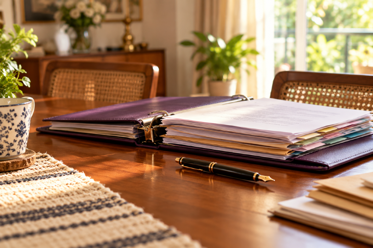 A folder of family legal papers and a pen on a wooden table in a Bangalore home