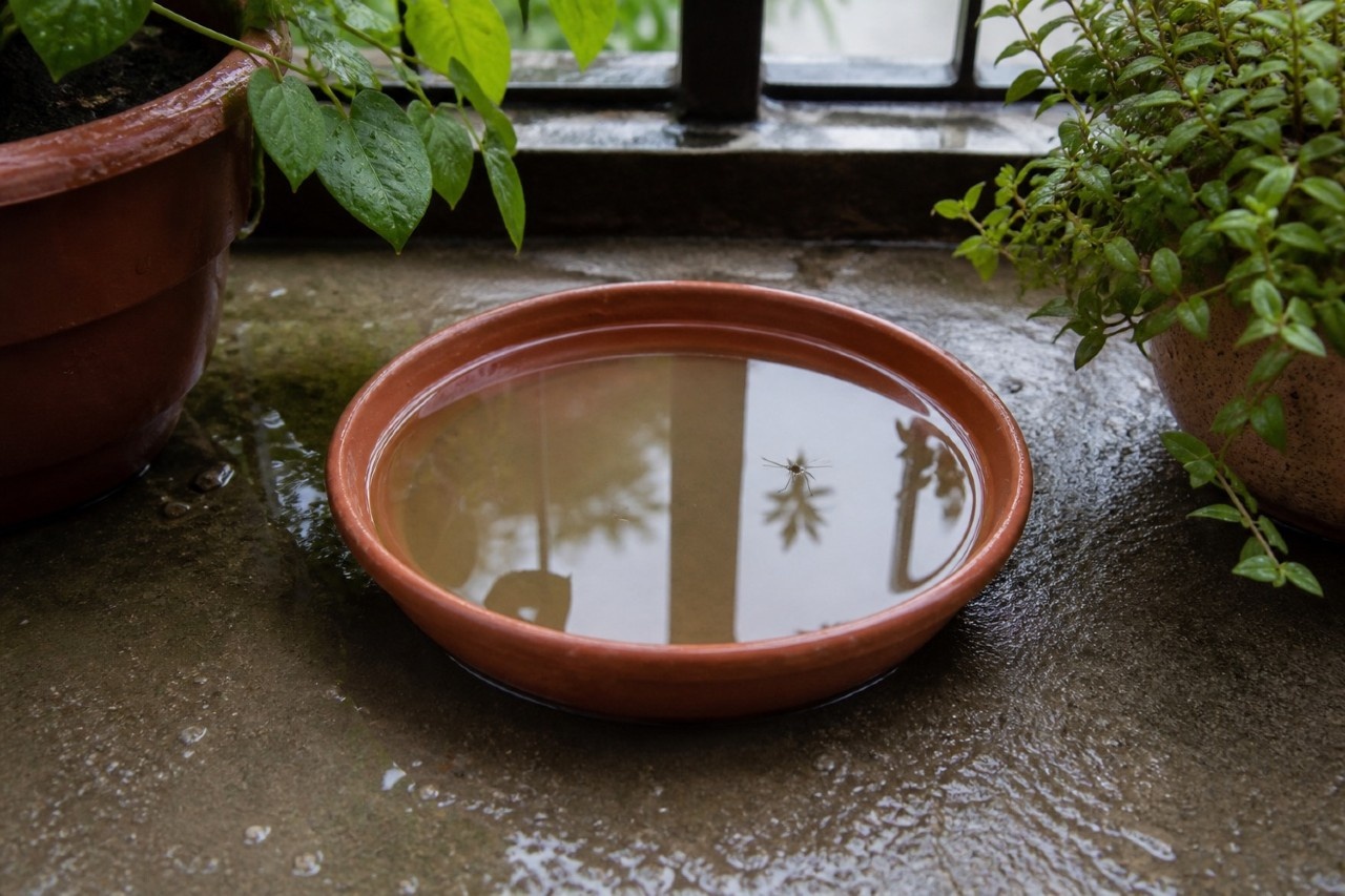 Still water collected in a plant saucer on a Bangalore balcony, a dengue mosquito breeding spot