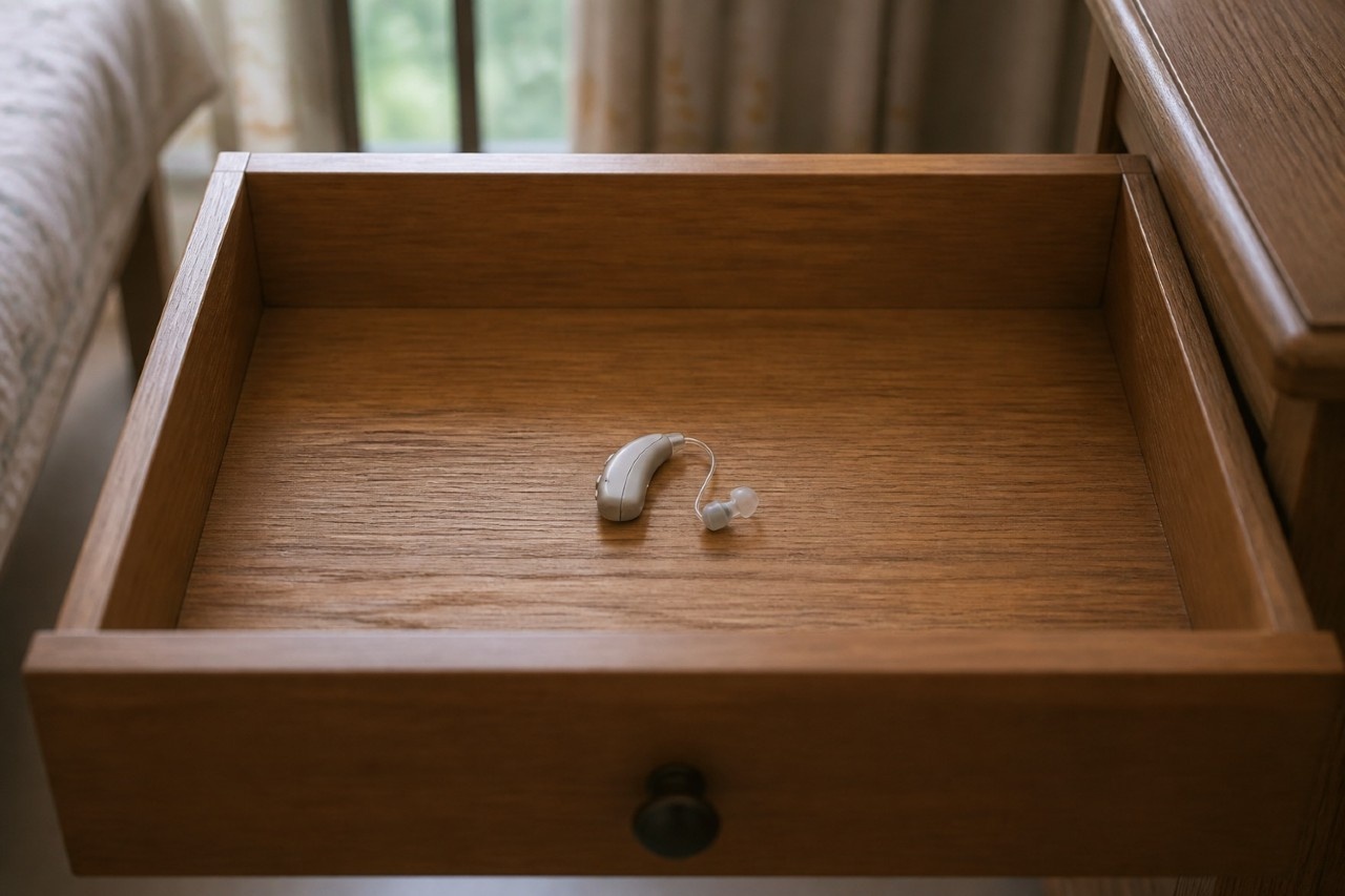 An unworn hearing aid sitting in an open bedside drawer in a Bangalore home