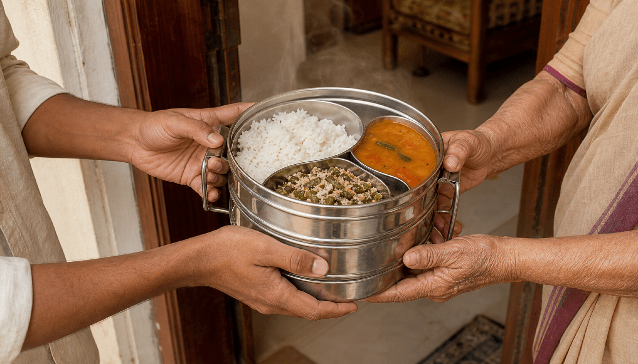 A hot home-style meal delivered to the door of a Bangalore senior's home
