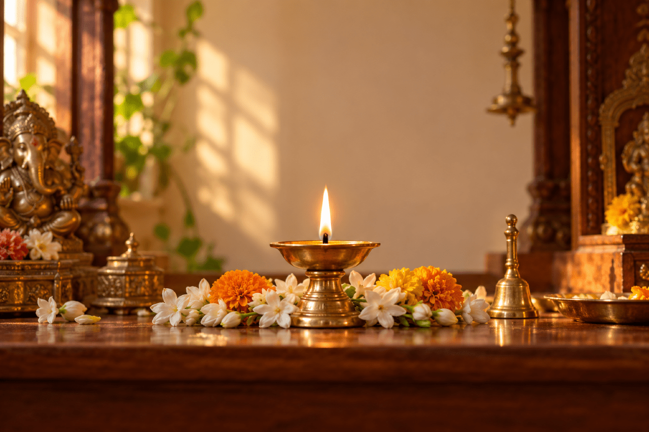 A brass oil lamp glowing beside flowers on a home prayer shelf in early morning light