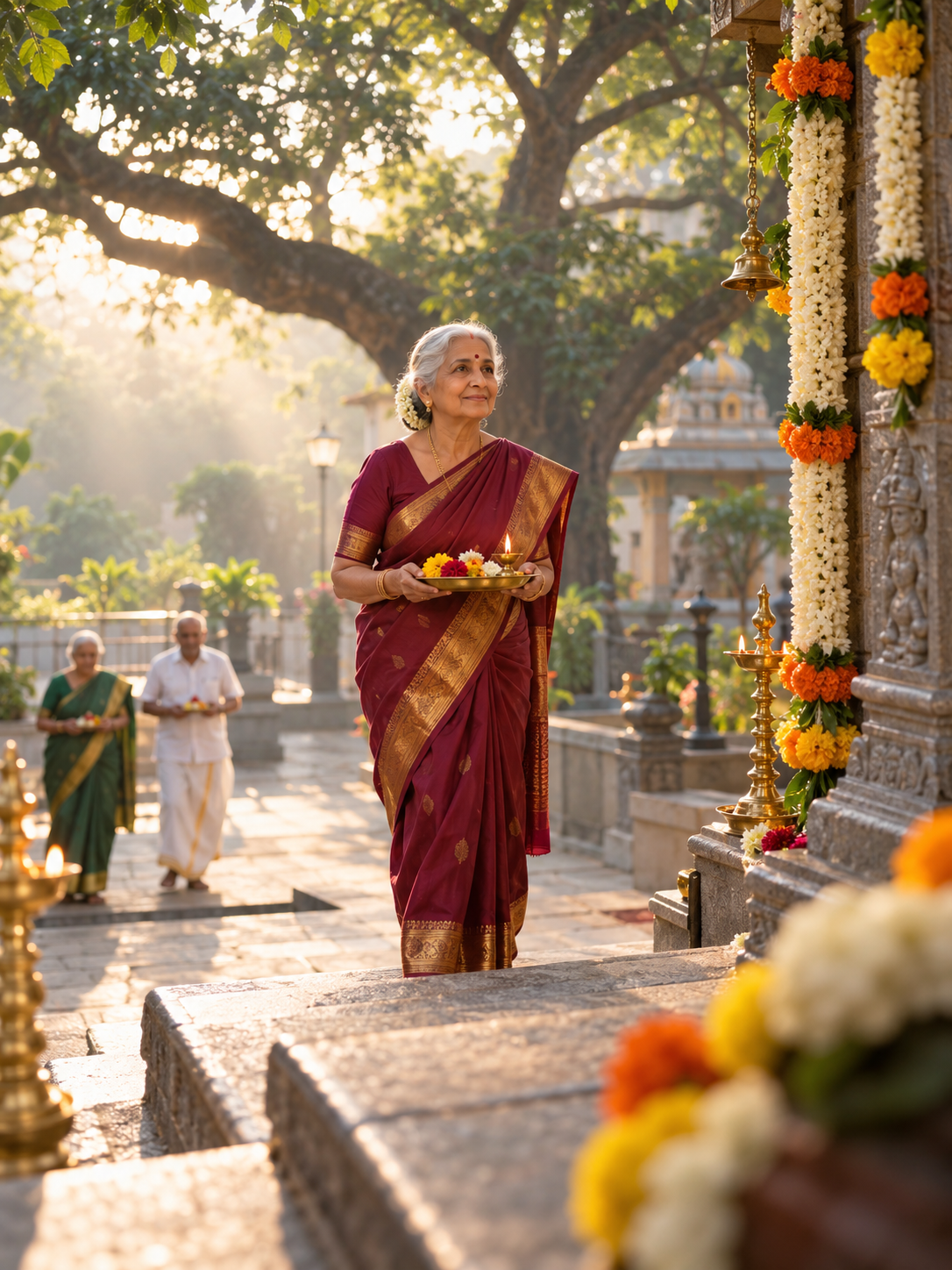 An elderly Bangalore woman in a silk saree walking to a neighbourhood temple in soft early-morning light