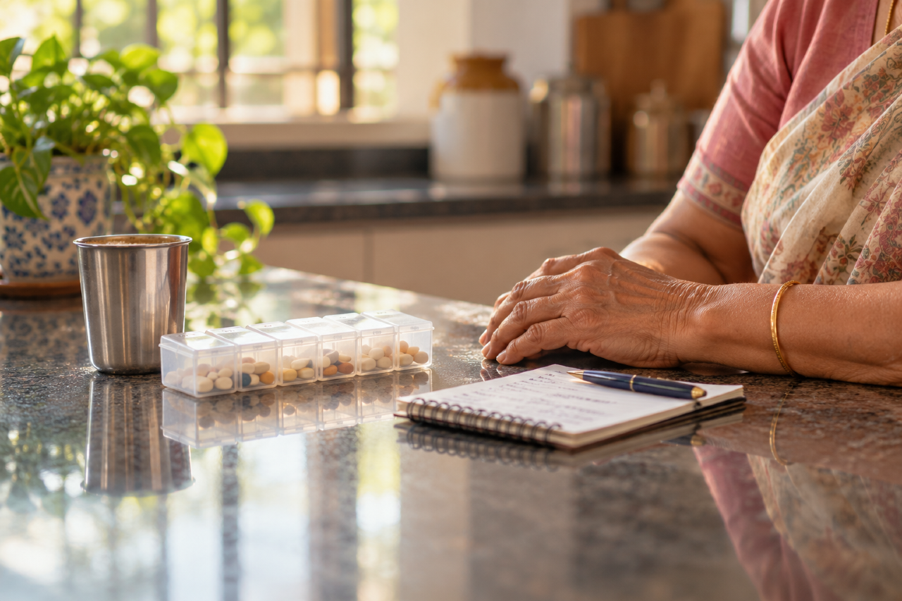 An older woman's hands beside a weekly pill organiser, a notepad of reminders and a cup of tea gone cold