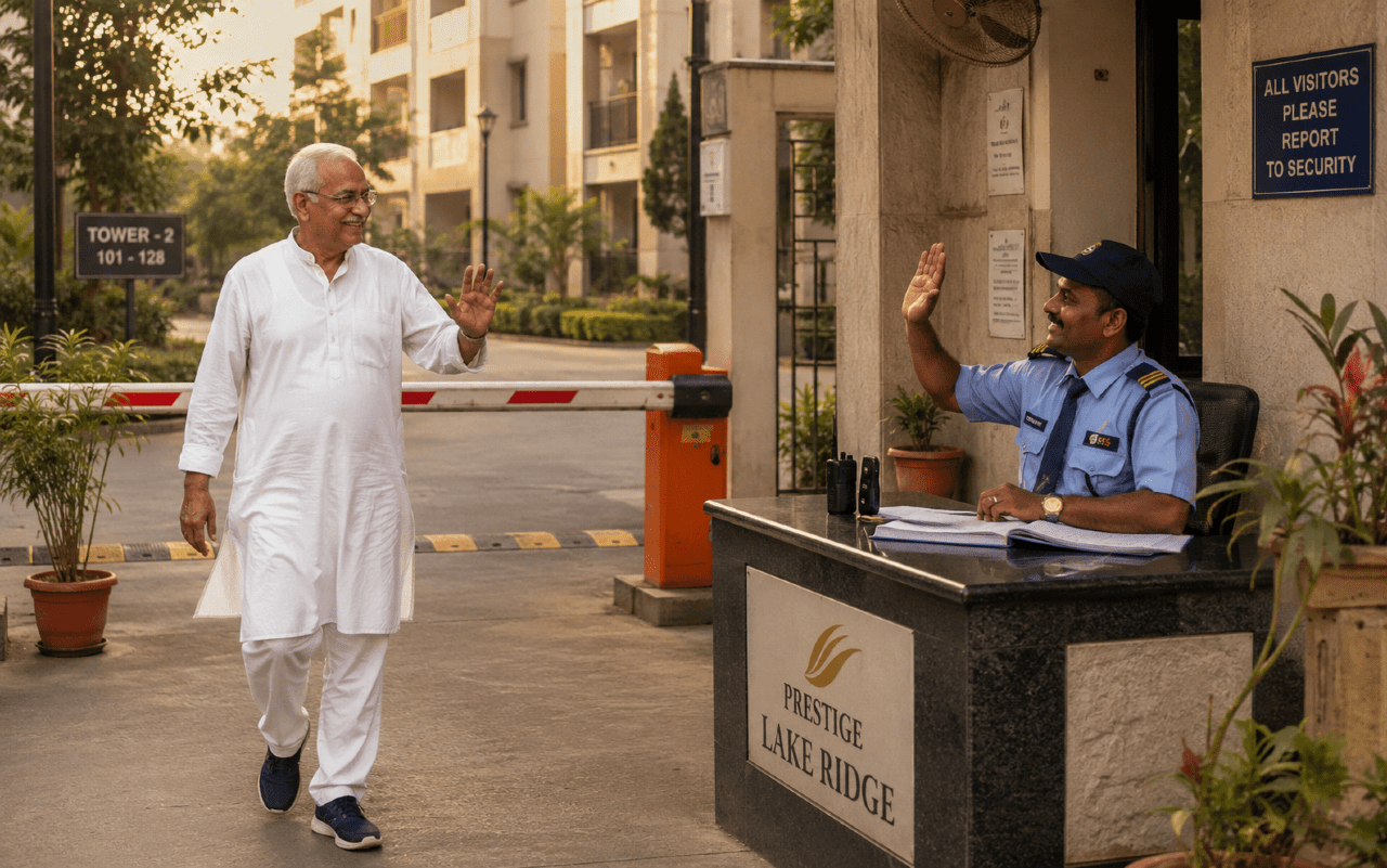 Bangalore apartment security guard greeting an elderly resident